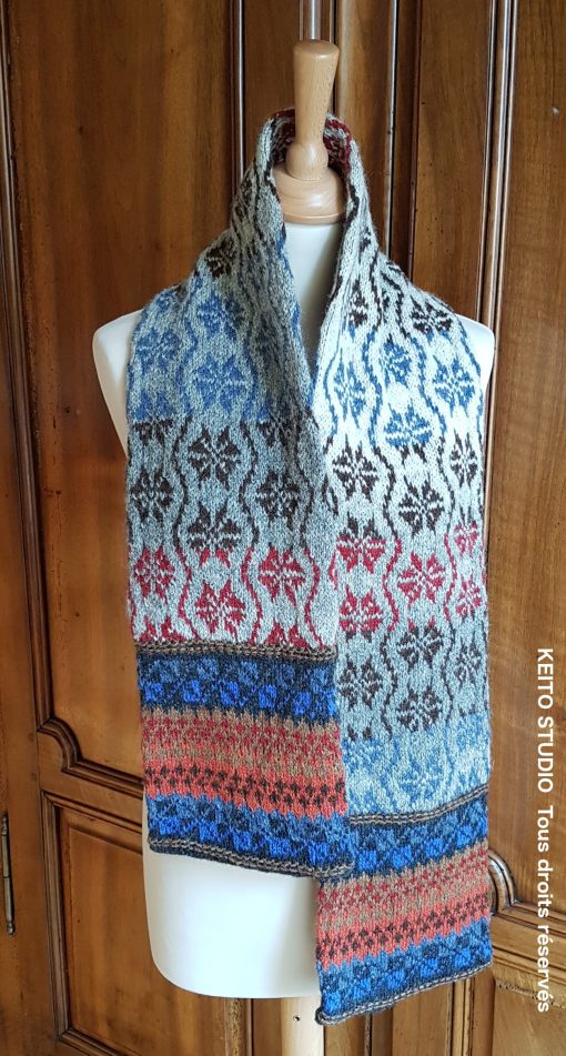 écharpe homme tons gris dégradés carmin brun et bleus