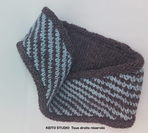 bandeau tricoté taupe et bleu avec doublure en laine et coton