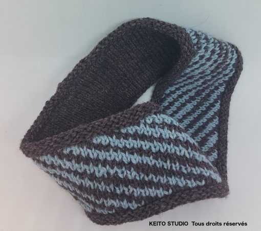 bandeau tricot rayé bleu et taupe doublure laine et coton