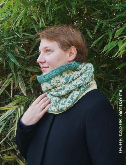 tour de cou tricot jacquard vert et paille