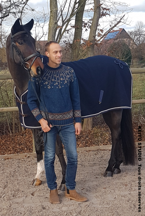 pull homme à tricoter en rond bleu et rouille